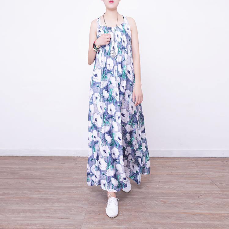 Fine blue prints long cotton dresses Loose fitting big hem cotton gown casual sleeveless gown - Omychic