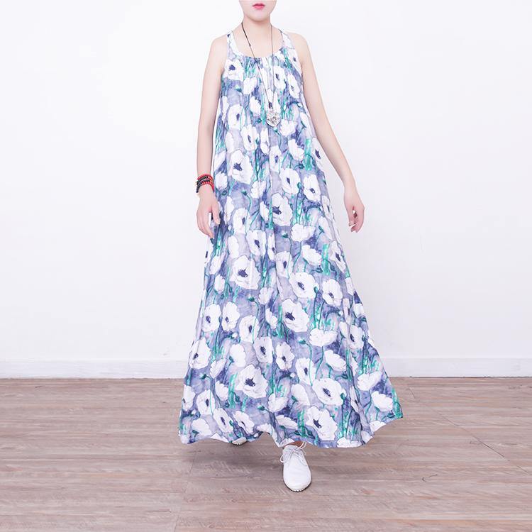 Fine blue prints long cotton dresses Loose fitting big hem cotton gown casual sleeveless gown - Omychic