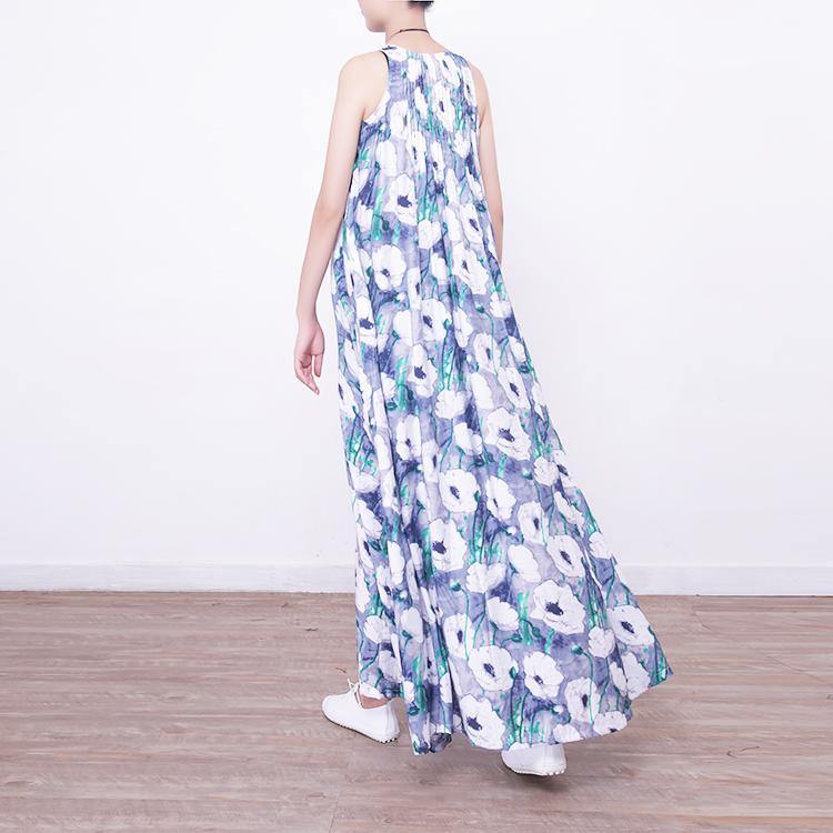 Fine blue prints long cotton dresses Loose fitting big hem cotton gown casual sleeveless gown - Omychic