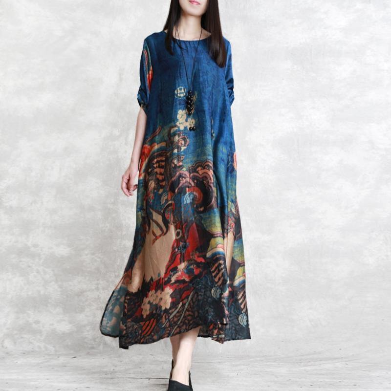 Fine Blue Prints Natural Chiffon Dress Loose Fitting O Neck Chiffon Gown New Big Hem Kaftans - Omychic