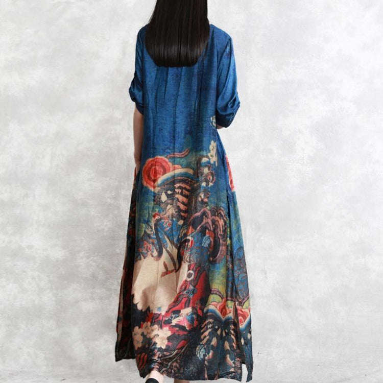 Fine Blue Prints Natural Chiffon Dress Loose Fitting O Neck Chiffon Gown New Big Hem Kaftans - Omychic