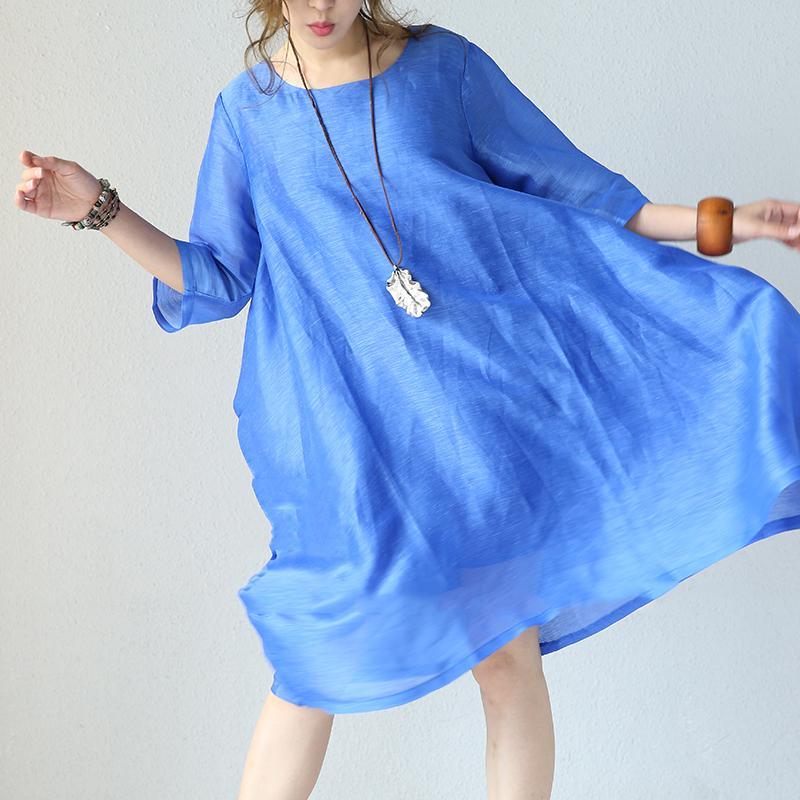 Fine blue silk maxi dress oversize O neck Half sleeve silk gown women baggy dresses - Omychic