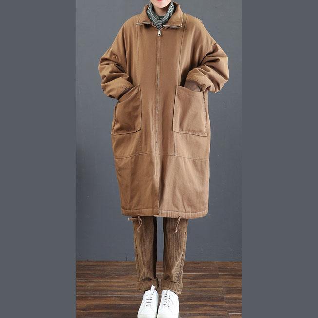 Fine brown coat for woman casual medium length fall jackets zippered - Omychic