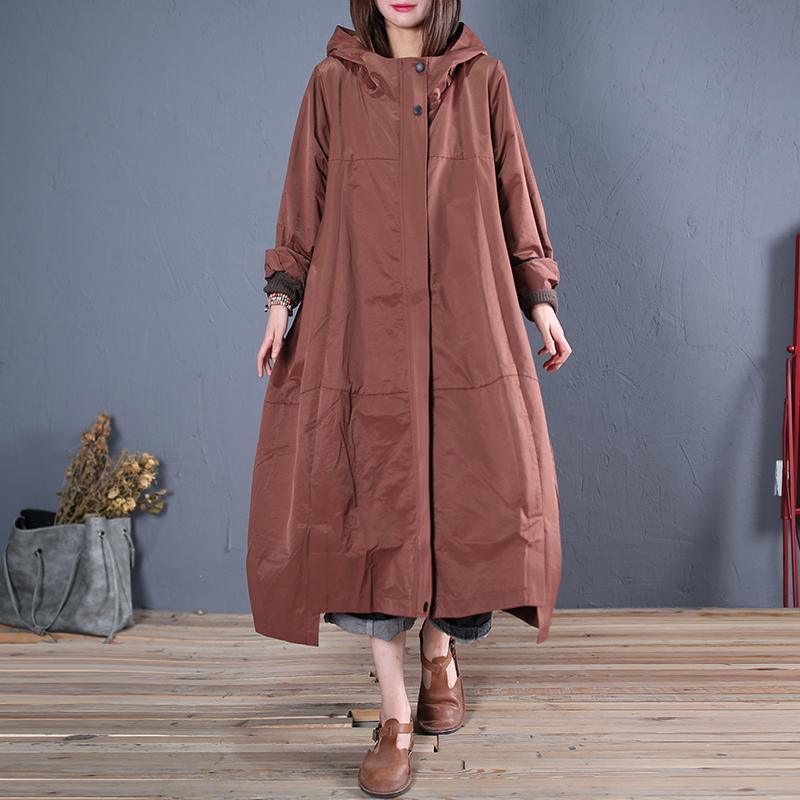 Fine brown overcoat casual long fall hooded zippered - Omychic