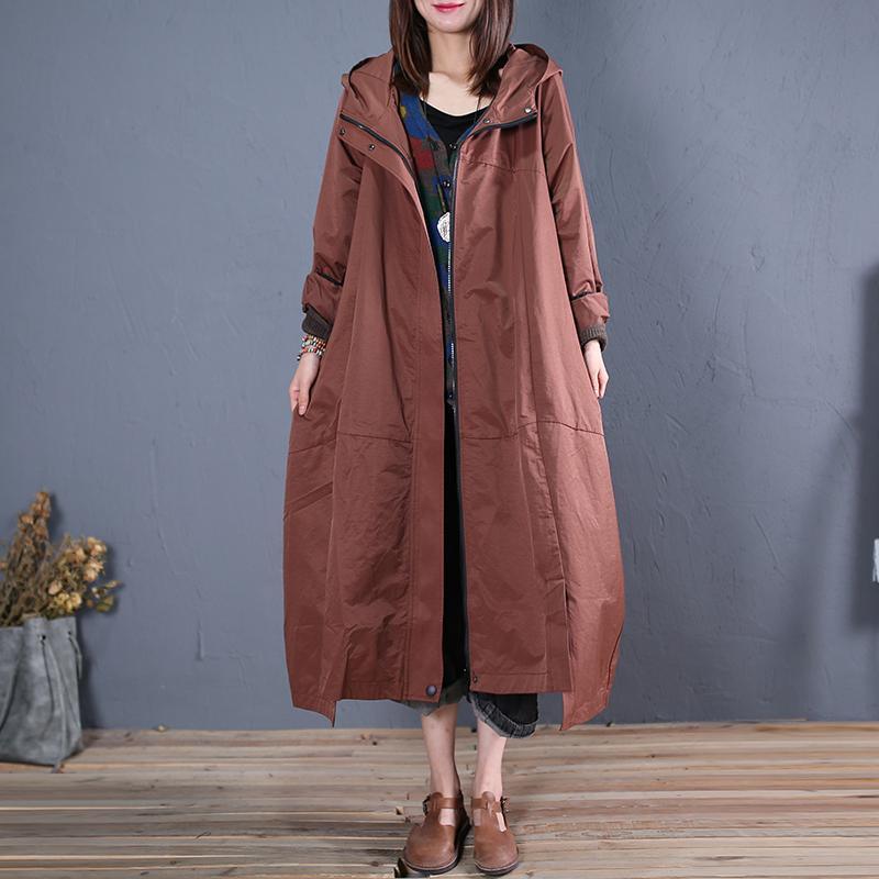 Fine brown overcoat casual long fall hooded zippered - Omychic