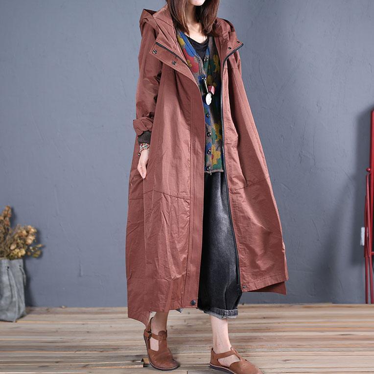 Fine brown overcoat casual long fall hooded zippered - Omychic