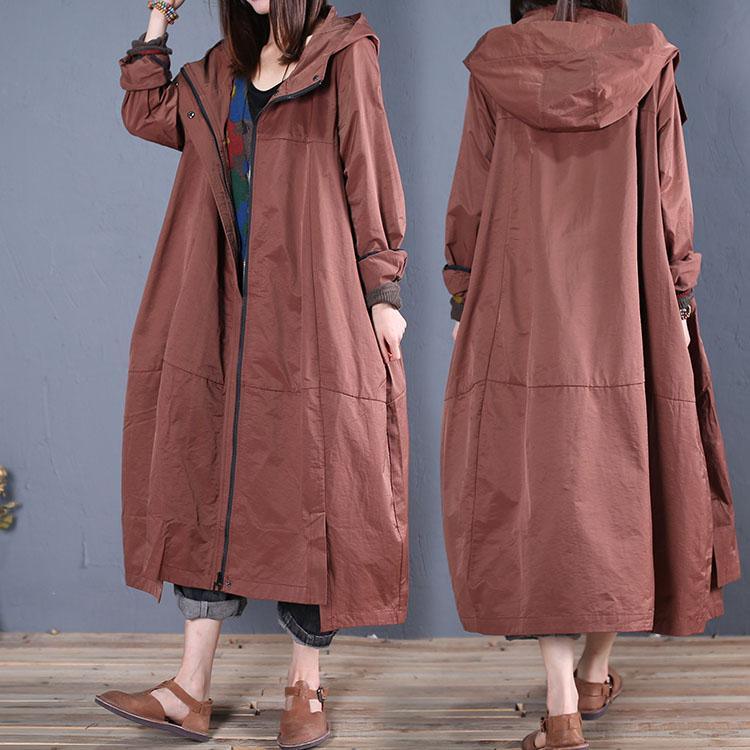 Fine brown overcoat casual long fall hooded zippered - Omychic