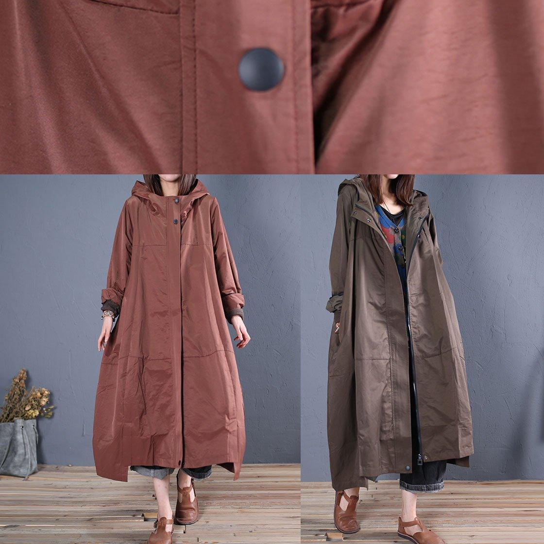 Fine brown overcoat casual long fall hooded zippered - Omychic