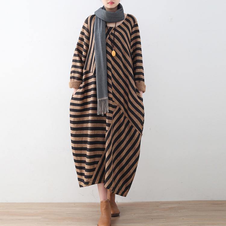Fine brown striped 2018 fall dress Loose fitting O neck vintage patchwork pockets caftans - Omychic