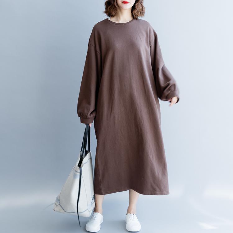 Fine chocolate cotton maxi dress plus size clothing warm traveling clothing top quality o neck autumn dress - Omychic