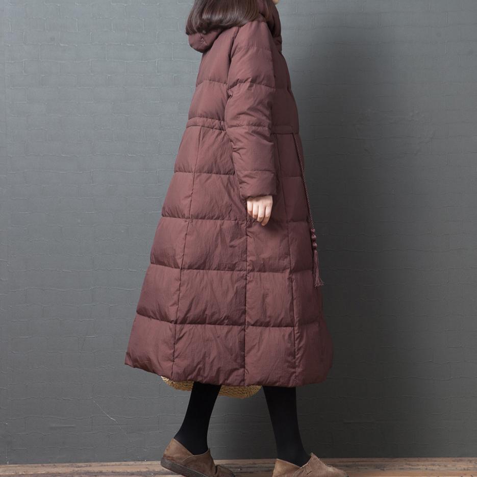 Fine chocolate down cotton coat plus size snow hooded pockets overcoat - Omychic