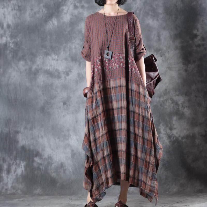 Fine chocolate linen maxi dress  plaid grid patchwork linen gown 2018 half sleeve pockets caftans - Omychic