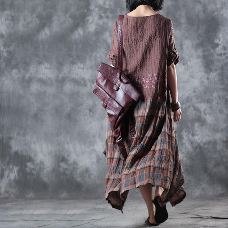 Fine chocolate linen maxi dress  plaid grid patchwork linen gown 2018 half sleeve pockets caftans - Omychic
