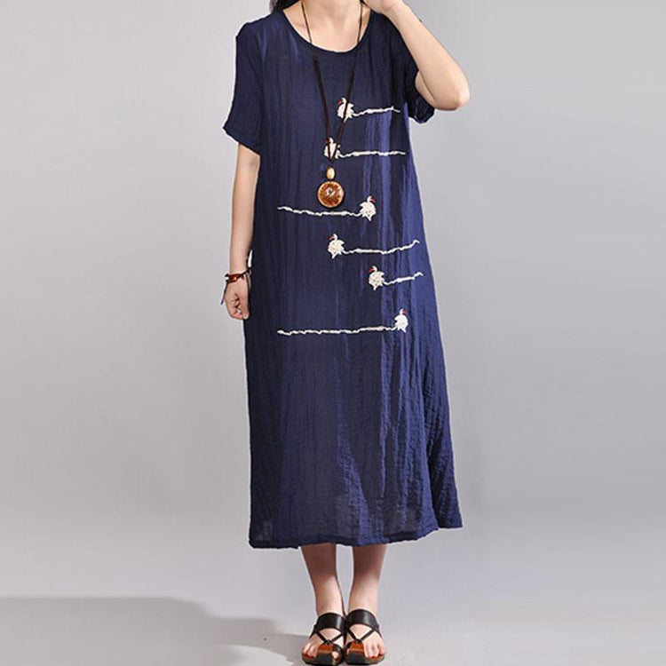 Fine cotton blended sundress Loose fitting Women Summer Short Sleeve Embroidery Navy Blue Dress - Omychic