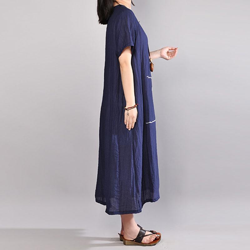 Fine cotton blended sundress Loose fitting Women Summer Short Sleeve Embroidery Navy Blue Dress - Omychic