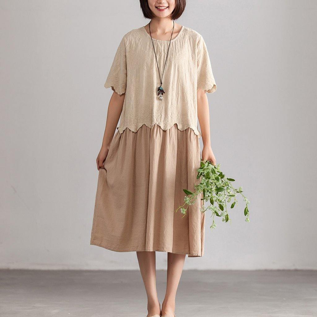 Fine Cotton Caftans Plus Size Casual Loose Beige Cotton Summer Dresses For Women - Omychic