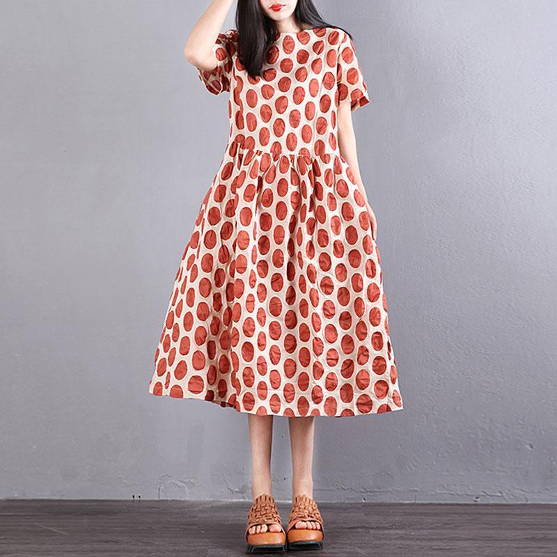Fine cotton dress oversize Women Cotton Short Sleeve Orange Dots Pullover Dress - Omychic