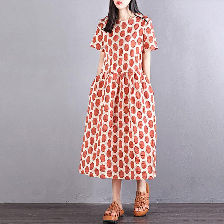 Fine cotton dress oversize Women Cotton Short Sleeve Orange Dots Pullover Dress - Omychic