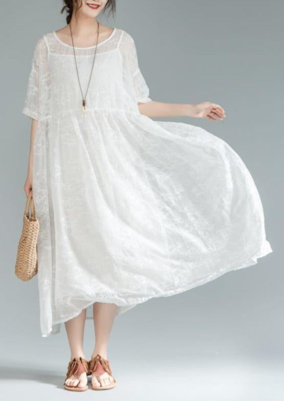 Fine cotton lace dresses oversize Women Loose Round Neck Half Sleeve Pleated Dress - Omychic