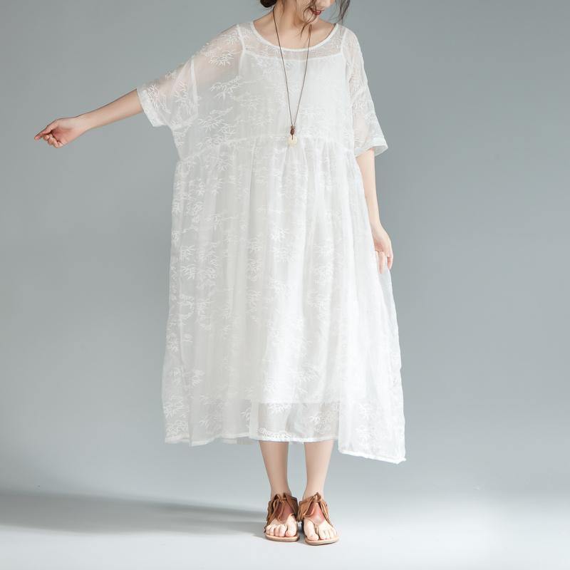 Fine cotton lace dresses oversize Women Loose Round Neck Half Sleeve Pleated Dress - Omychic