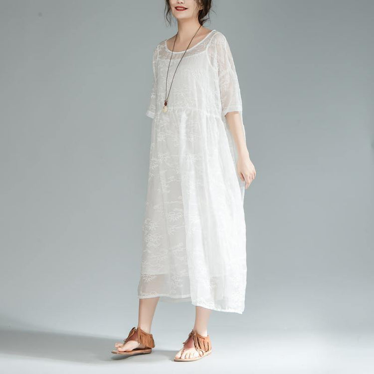 Fine cotton lace dresses oversize Women Loose Round Neck Half Sleeve Pleated Dress - Omychic