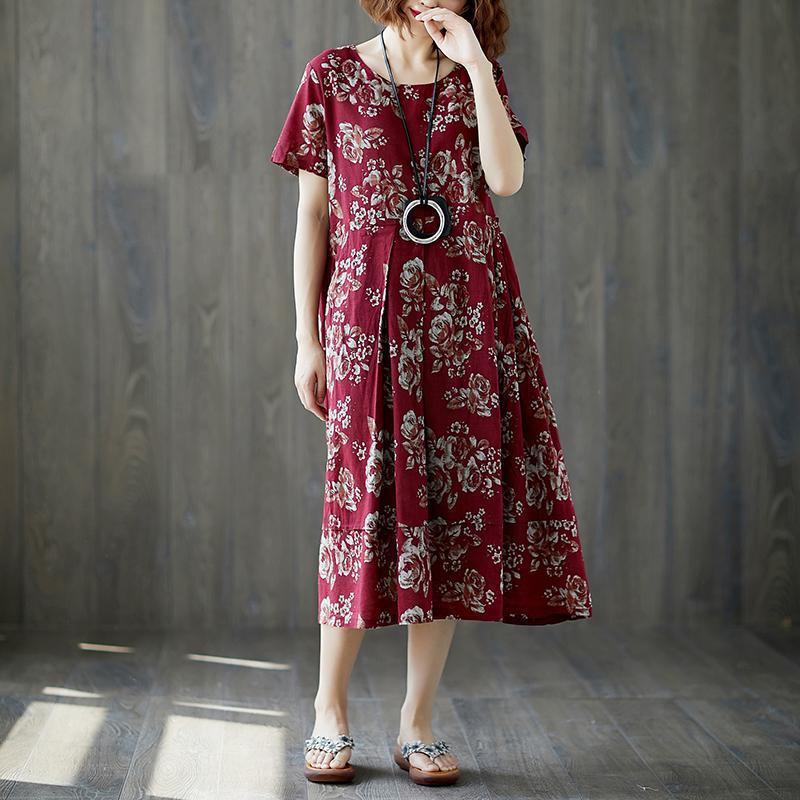 Fine cotton linen dress oversize Women Summer Red Short Sleeve Floral Casual Long Dress - Omychic