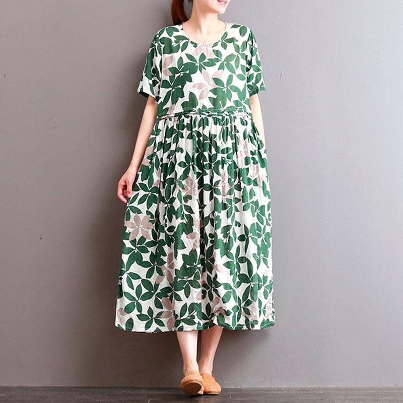 Fine cotton linen dresses casual Round Neck Leaf Printed Short Sleeve Green Women Dress - Omychic