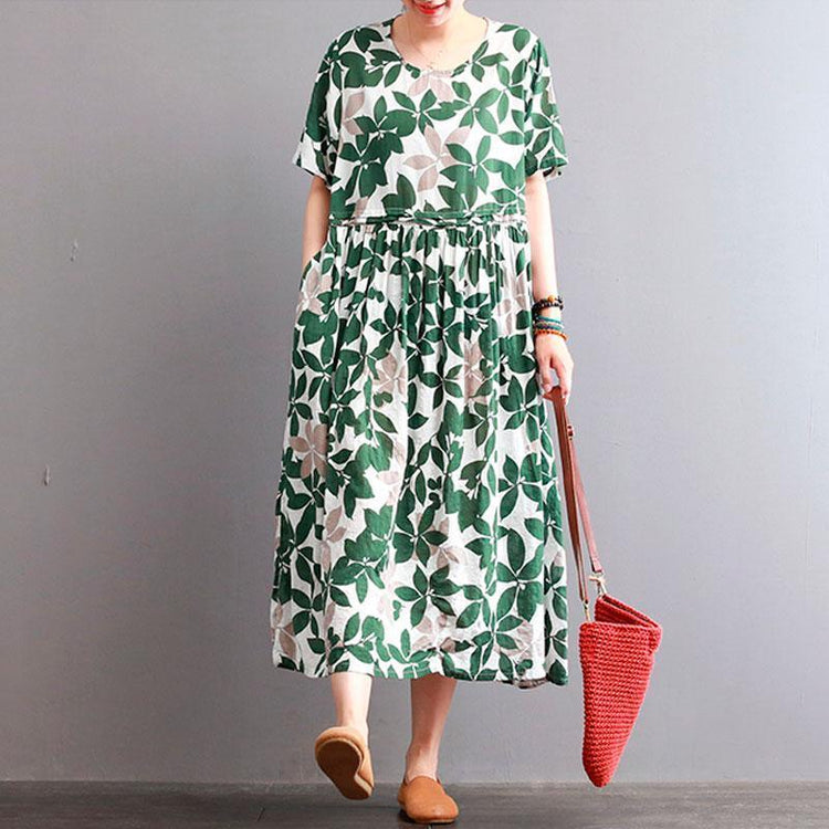 Fine cotton linen dresses casual Round Neck Leaf Printed Short Sleeve Green Women Dress - Omychic