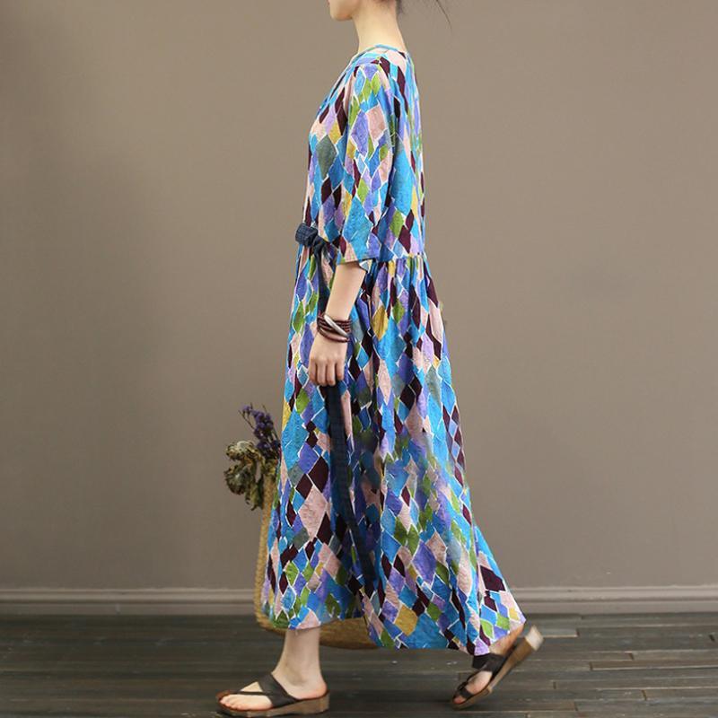 Fine cotton linen sundress casual Short Sleeve V Neck Ethnic Plaid Cotton Linen Summer Dress - Omychic