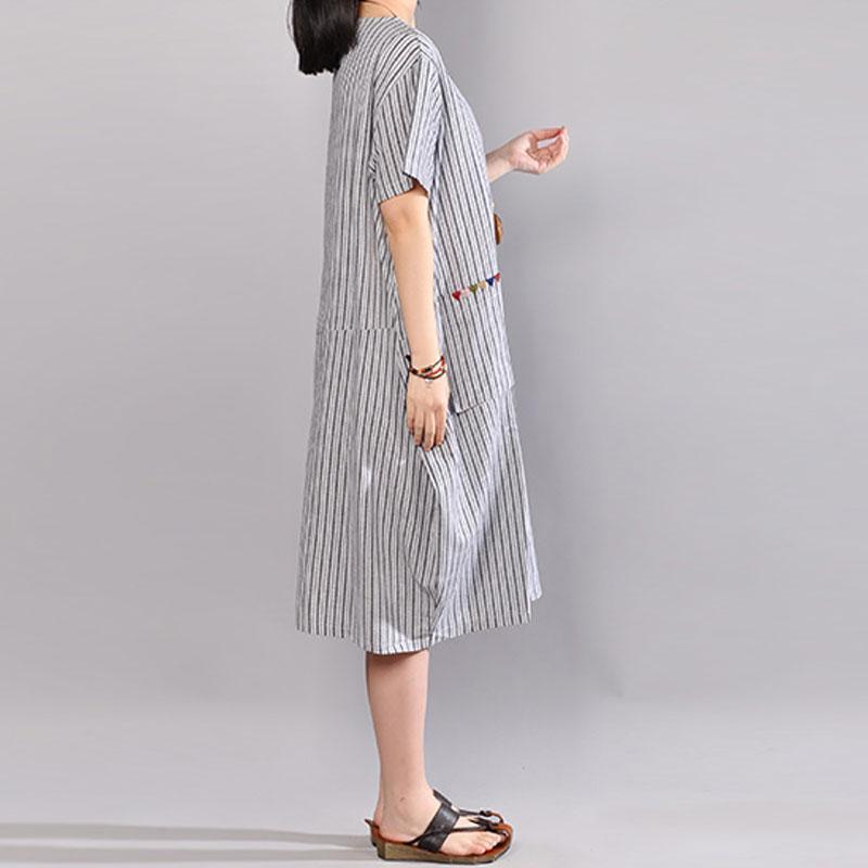 Fine cotton maxi dress stylish Stripe Short Sleeve Round Neck Casual Light Gray Dress - Omychic
