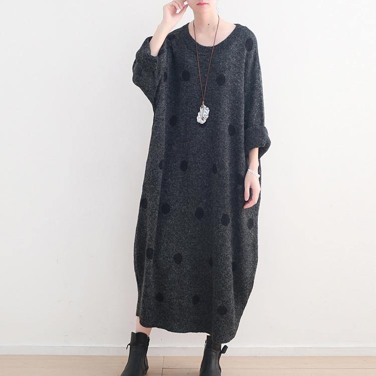 Fine dark gray dotted long sweaters casual o neck pullover sweater Elegant baggy dresses - Omychic