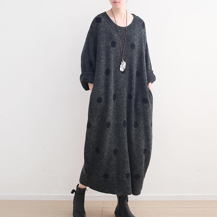 Fine dark gray dotted long sweaters casual o neck pullover sweater Elegant baggy dresses - Omychic