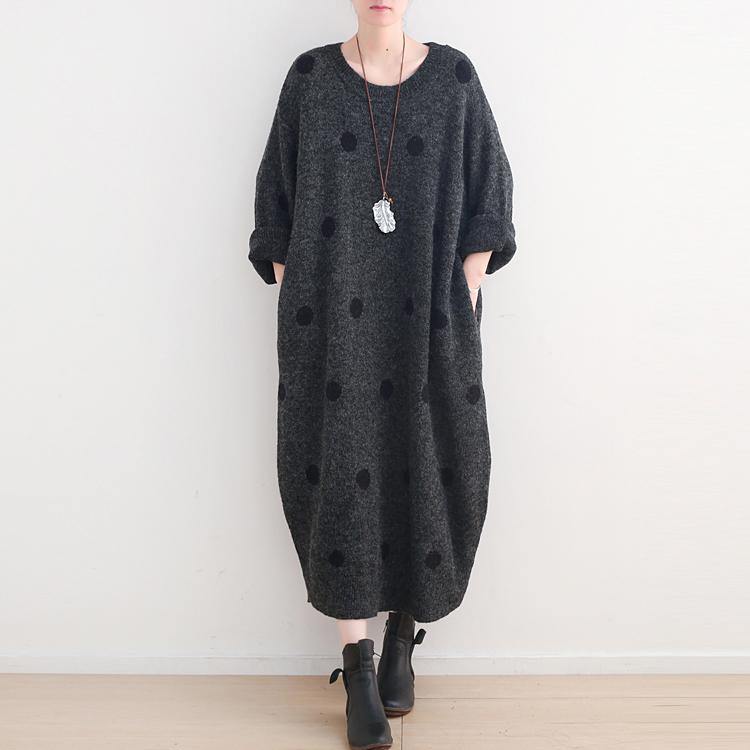 Fine dark gray dotted long sweaters casual o neck pullover sweater Elegant baggy dresses - Omychic