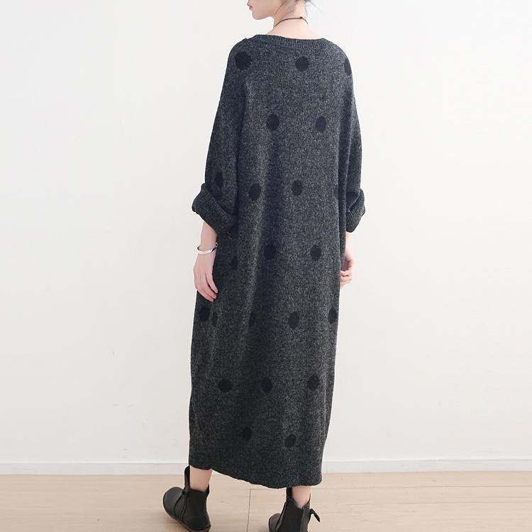 Fine dark gray dotted long sweaters casual o neck pullover sweater Elegant baggy dresses - Omychic