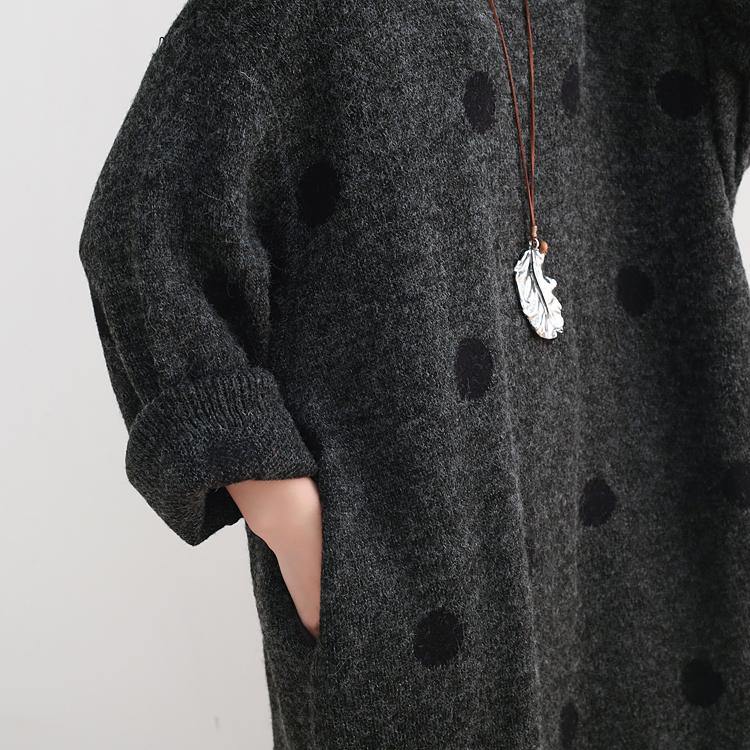 Fine dark gray dotted long sweaters casual o neck pullover sweater Elegant baggy dresses - Omychic