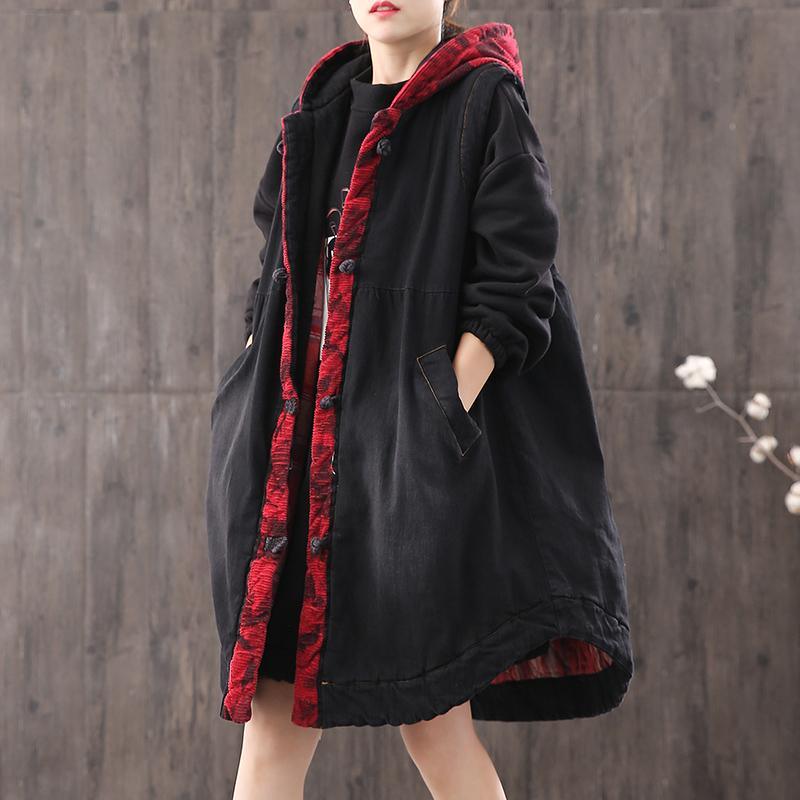 Fine denim black Parkas for women plus size snow jackets hooded Button overcoat - Omychic
