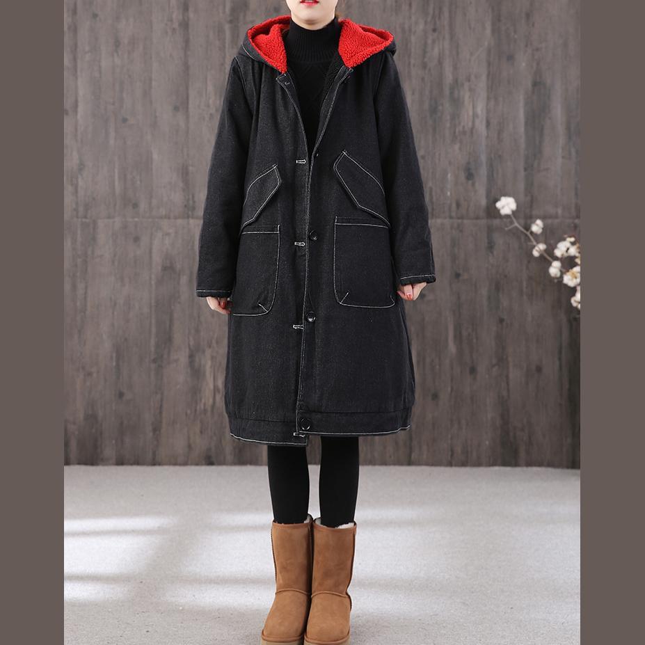 Fine denim black print Parkas oversized Coats hooded pockets outwear - Omychic
