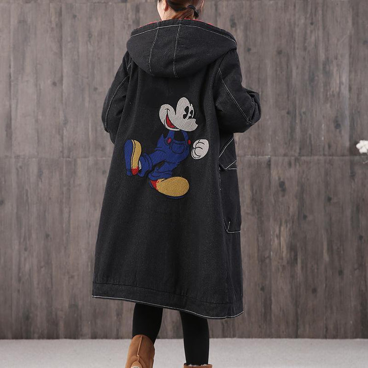 Fine denim black print Parkas oversized Coats hooded pockets outwear - Omychic