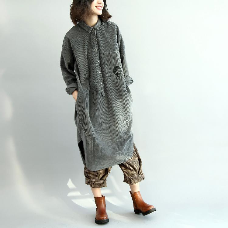 Fine gray cotton blended dresses Loose fitting long sleeve casual Turn-down Collar side open cotton blended clothing dresses - Omychic