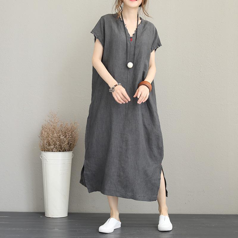 Fine gray linen caftans oversize v neck short sleeve side open gown Elegant baggy dresses maxi dresses - Omychic