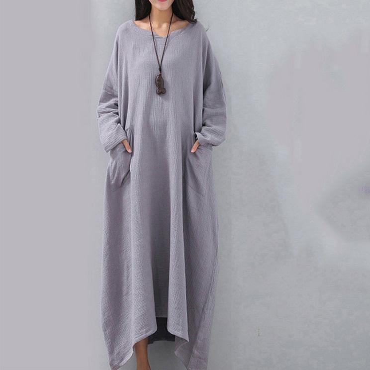 Fine gray long plus size v neck fall dresses women long sleeve pockets dresses - Omychic