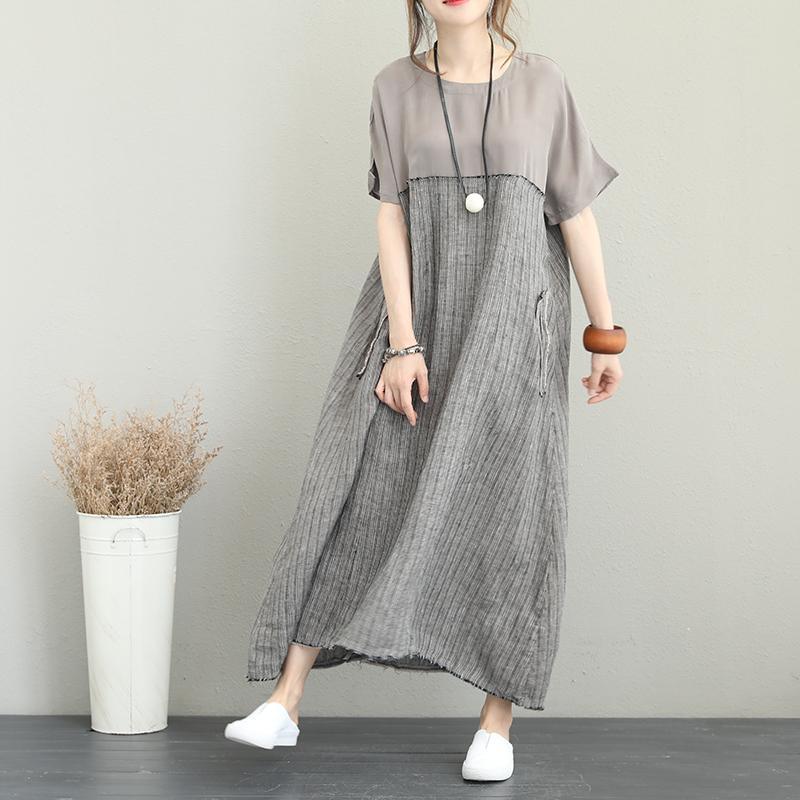 Fine gray silk linen maxi dress plus size O neck patchwork traveling dress 2018short sleeve pockets maxi dresses - Omychic