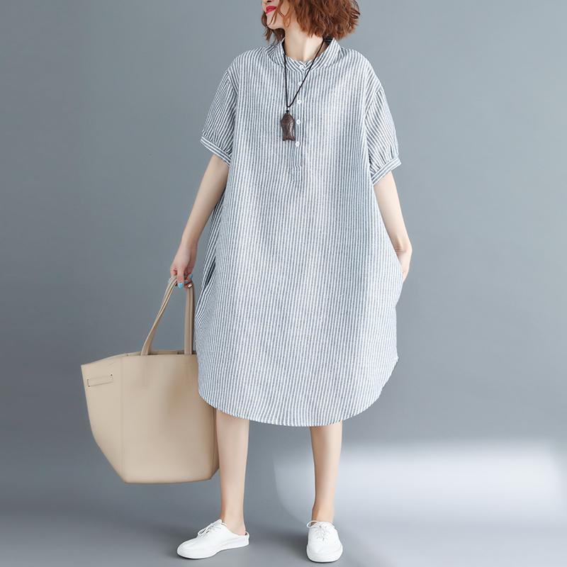 Fine gray striped cotton linen knee dress plus size clothing holiday dresses top quality short sleeve Stand baggy dresses - Omychic