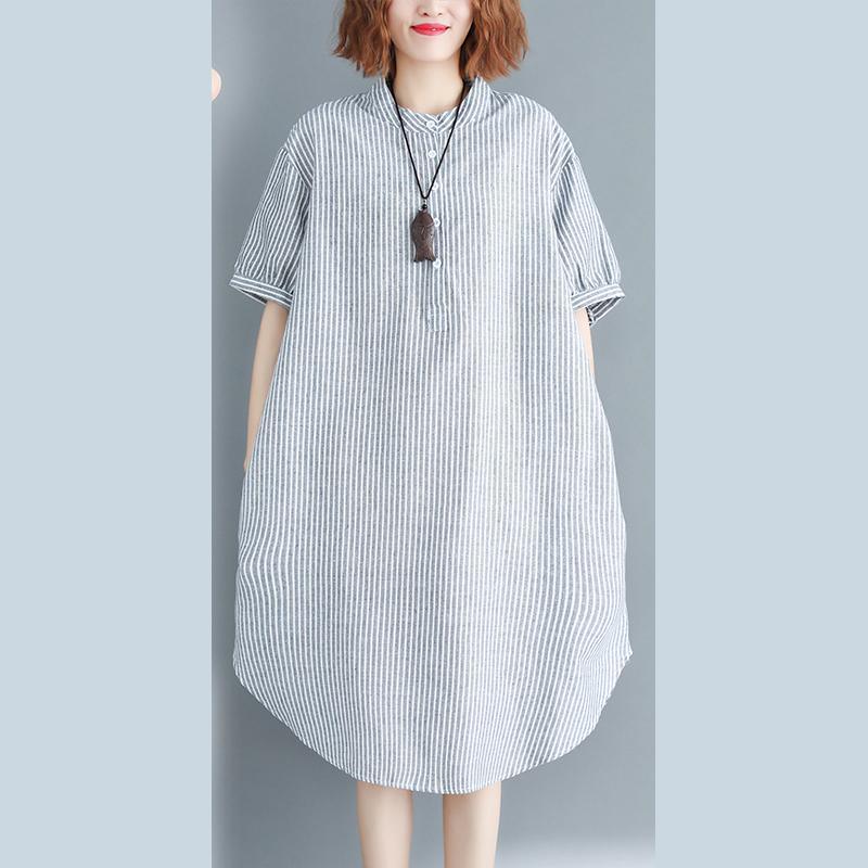 Fine gray striped cotton linen knee dress plus size clothing holiday dresses top quality short sleeve Stand baggy dresses - Omychic