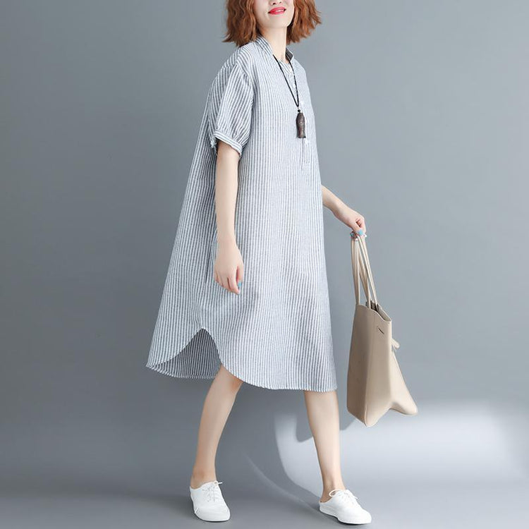 Fine gray striped cotton linen knee dress plus size clothing holiday dresses top quality short sleeve Stand baggy dresses - Omychic