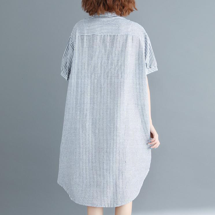 Fine gray striped cotton linen knee dress plus size clothing holiday dresses top quality short sleeve Stand baggy dresses - Omychic