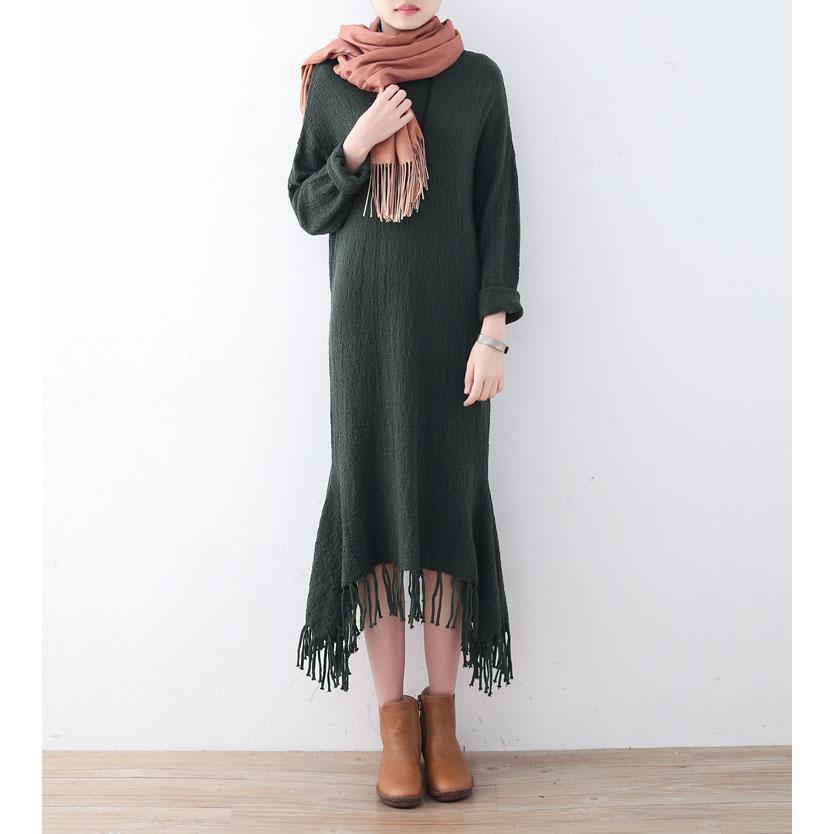 Fine green sweater dresses plus size high neck winter dress pockets Tassel long knit sweaters - Omychic