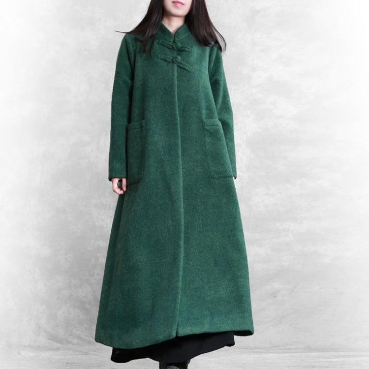 Fine green woolen coats plus size stand collar pockets coat - Omychic