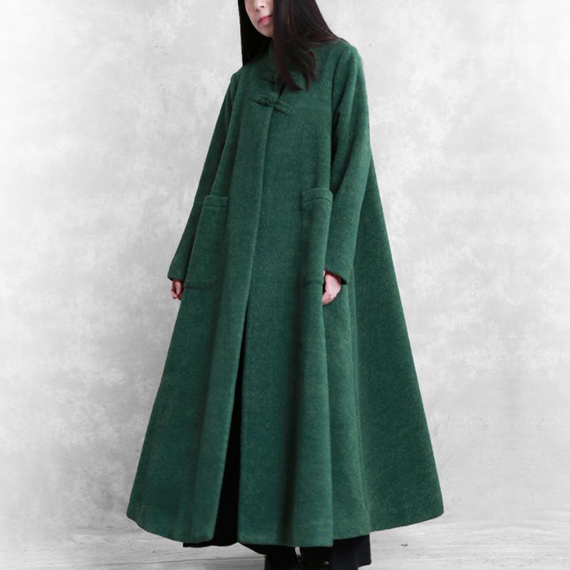 Fine green woolen coats plus size stand collar pockets coat - Omychic