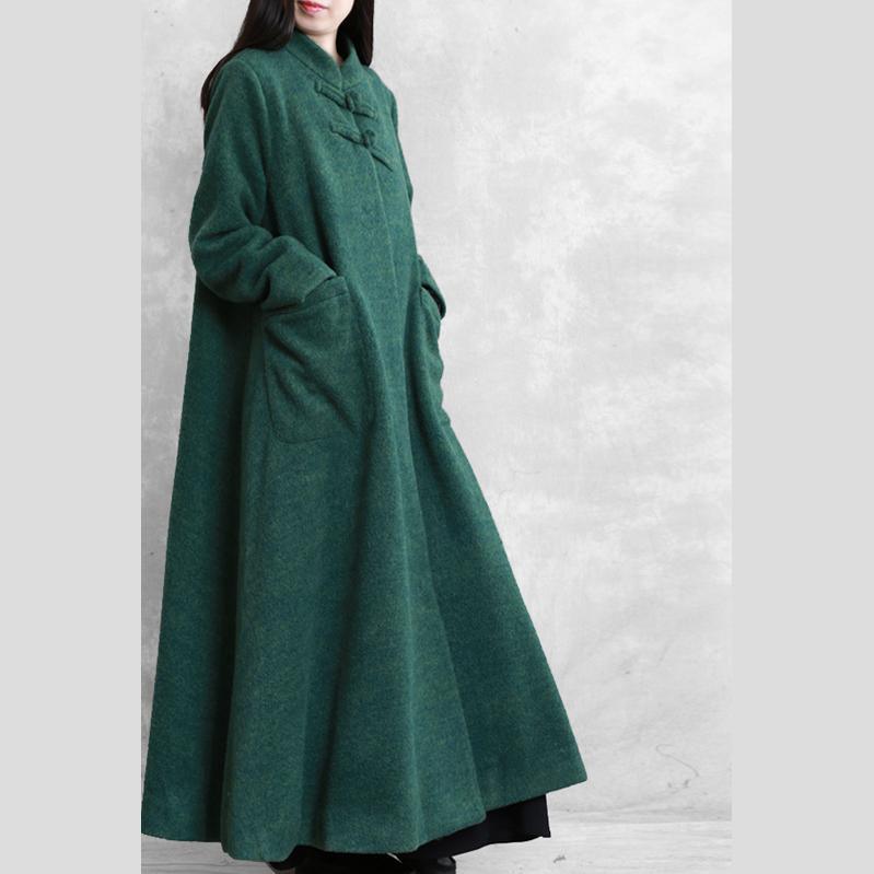Fine green woolen coats plus size stand collar pockets coat - Omychic
